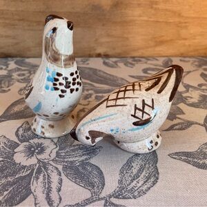 Artisan Ceramic Salt and Pepper Shakers Quail Bird Set - Cream Brown and Blue